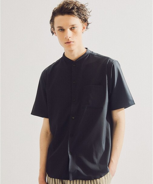 【変形襟】トロミシャンブレー カラーレス 半袖シャツ / バンドカラー