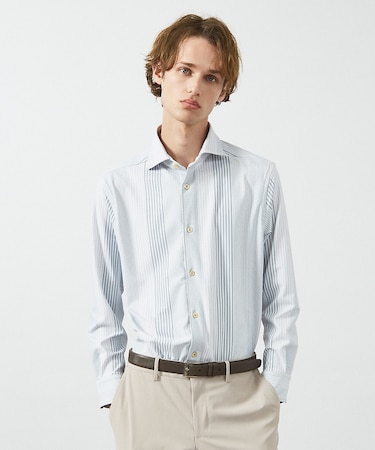 【FLEX SHIRTS】360°ストレッチ パッチワークストライプシャツ /
