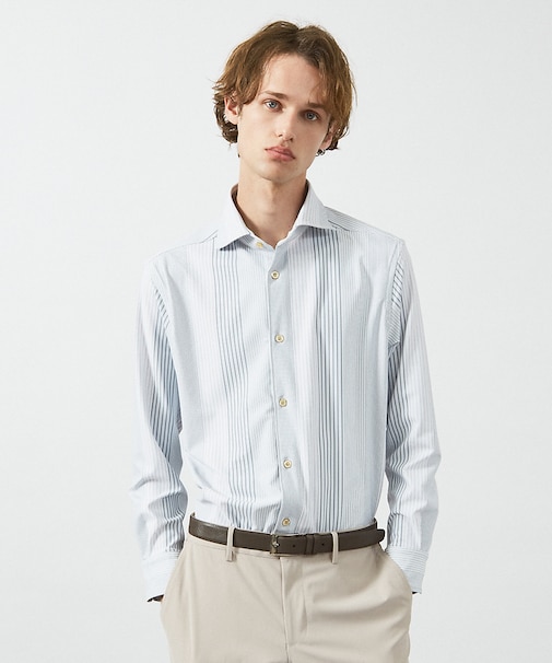 【FLEX SHIRTS】360°ストレッチ パッチワークストライプシャツ /