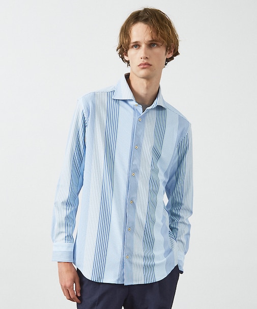 【FLEX SHIRTS】360°ストレッチ パッチワークストライプシャツ /