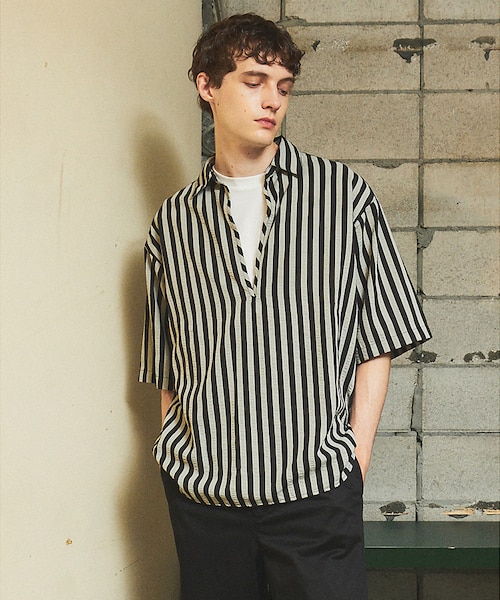 サッカーストライプ スキッパーシャツ / オーバーサイズ / 半袖シャツ