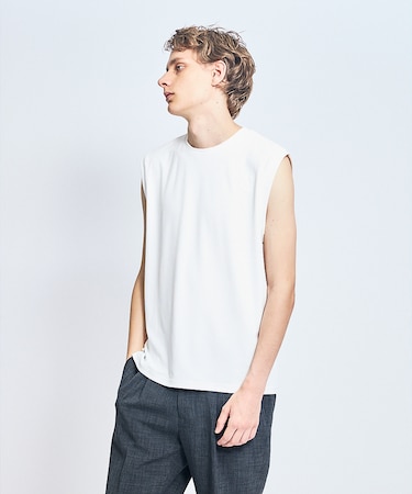 【ストレッチテレコ】ノースリーブ クルーネック Tシャツ / タンクトップ