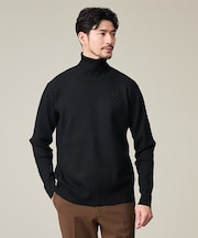 【ハイストレッチ】ブロックチェック ジャガード タートルネック ニット