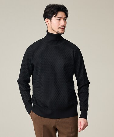 【ハイストレッチ】ブロックチェック ジャガード タートルネック ニット