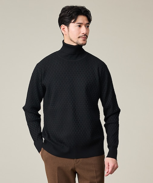 【ハイストレッチ】ブロックチェック ジャガード タートルネック ニット