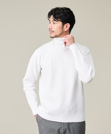 【ハイストレッチ】ブロックチェック ジャガード タートルネック ニット
