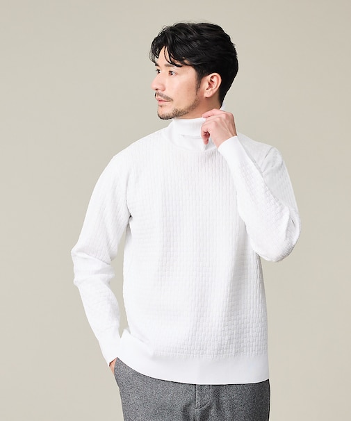 【ハイストレッチ】ブロックチェック ジャガード タートルネック ニット