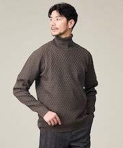 【ハイストレッチ】ブロックチェック ジャガード タートルネック ニット