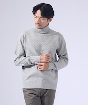 【ハイストレッチ】ブロックチェック ジャガード タートルネック ニット