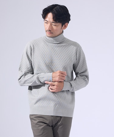 【ハイストレッチ】ブロックチェック ジャガード タートルネック ニット