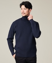 【ハイストレッチ】ブロックチェック ジャガード タートルネック ニット