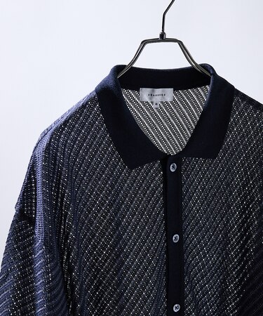 【透かし編み】バイアス メッシュニットポロ  / ニットシャツ