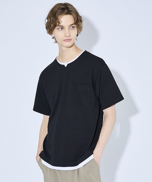 キーネック カノコ半袖Tシャツ / フェイクレイヤード