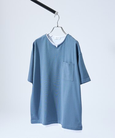 キーネック カノコ半袖Tシャツ / フェイクレイヤード