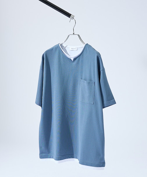 キーネック カノコ半袖Tシャツ / フェイクレイヤード