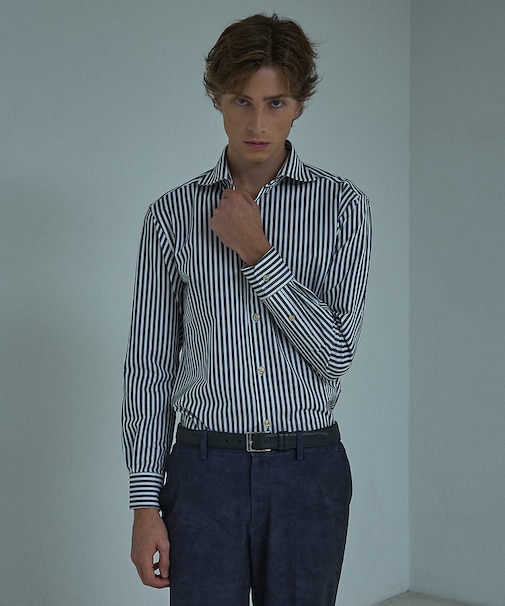 【ON/OFF兼用】360°ストレッチ ロンドンストライプ ワイドカラーシャツ