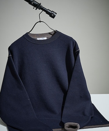 【リバーシブルカラー】14Gコットン ニットスウェット / クルーネックプルオー