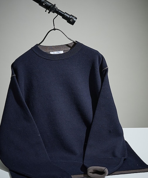 【リバーシブルカラー】14Gコットン ニットスウェット / クルーネックプルオー