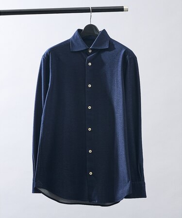 【ON/OFF兼用】ドレスニット ネルツイル＆チェック ワイドカラーシャツ /
