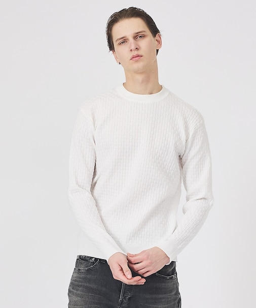 【ハイストレッチ】ブロックチェック ジャガード クルーネックニット