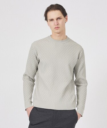 【ハイストレッチ】ブロックチェック ジャガード クルーネックニット