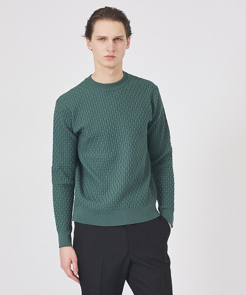 【ハイストレッチ】ブロックチェック ジャガード クルーネックニット