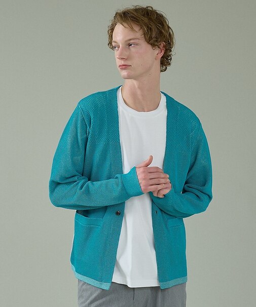 2トーン シアーメッシュ 1ボタン カーディガン