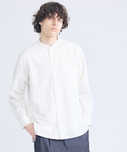 デニムライク シャンブレー カラーレスシャツ / バンドカラーシャツ / 変形襟