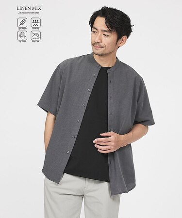 【イージーケア】リネンブレンド バンドカラー シャツ