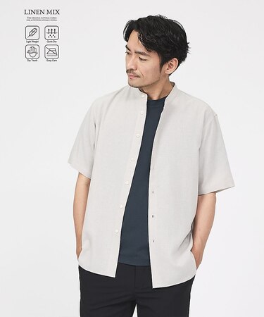 【イージーケア】リネンブレンド バンドカラー シャツ