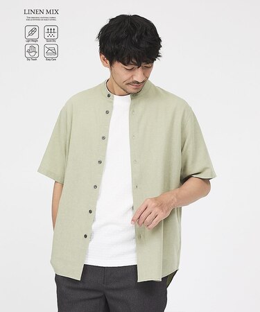 【イージーケア】リネンブレンド バンドカラー シャツ