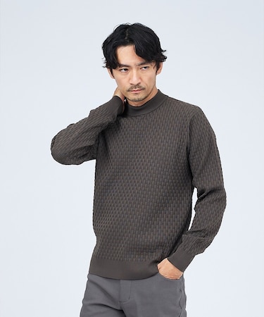 【ハイストレッチ】ブロック ジャガード モックネックニット