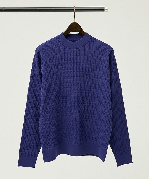 【ハイストレッチ】ブロック ジャガード モックネックニット