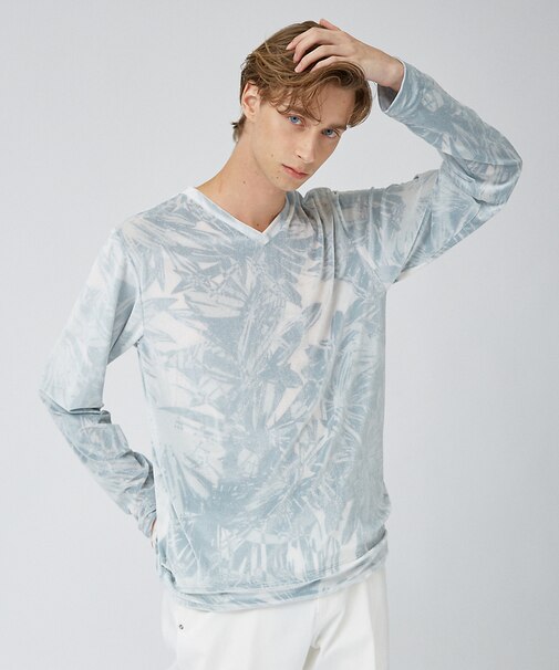 総柄 ベロア  Vネック 長袖 ニットTシャツ