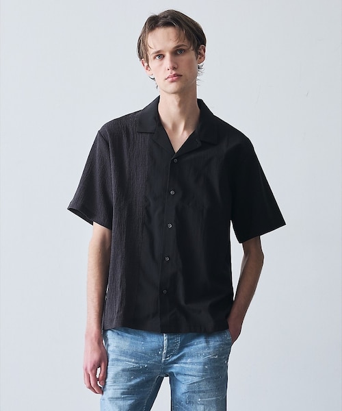 【ブラック】ボタニカル プリント 半袖シャツ ストレッチ】ボタニカルプリント半袖シャツ (MENS) | St ANDREWS