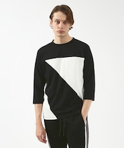 異素材スラッシュ七分袖Tシャツ