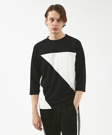 異素材スラッシュ七分袖Tシャツ
