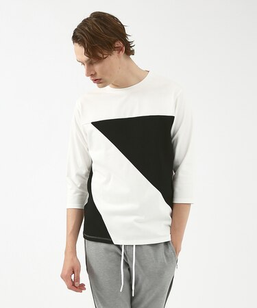 異素材スラッシュ七分袖Tシャツ