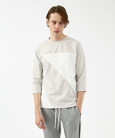 異素材スラッシュ七分袖Tシャツ