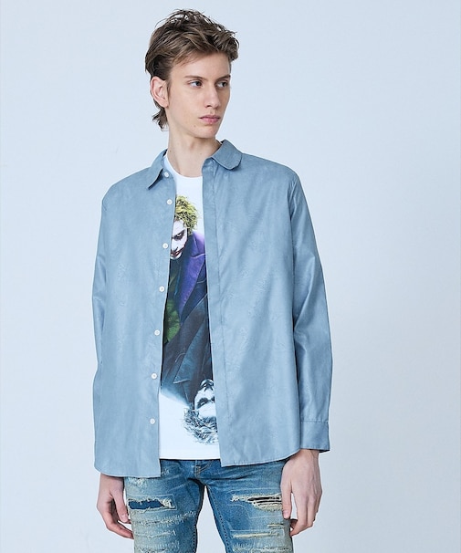 【リーフ柄】エンボス 長袖 シャツ