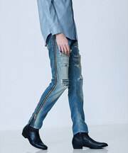 【サイドジップ】ダメージ スキニー デニム