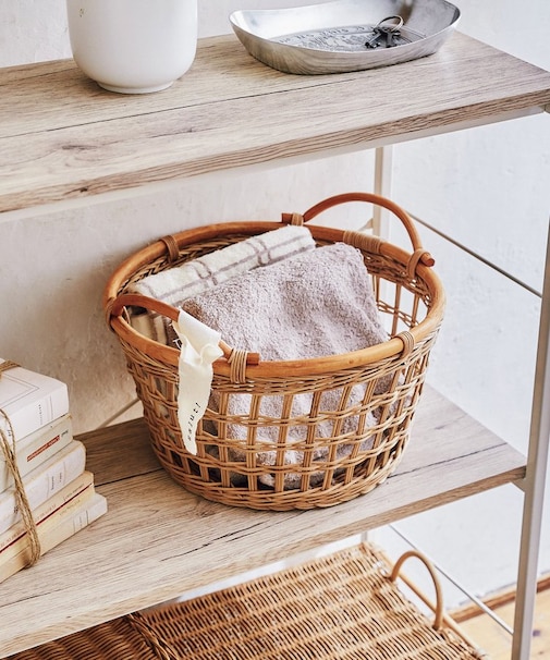 ラタン格子ラウンドバスケット：L