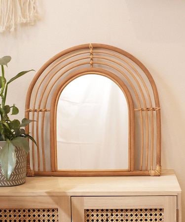 ラタンアーチウォールミラー／マクラメとラタン