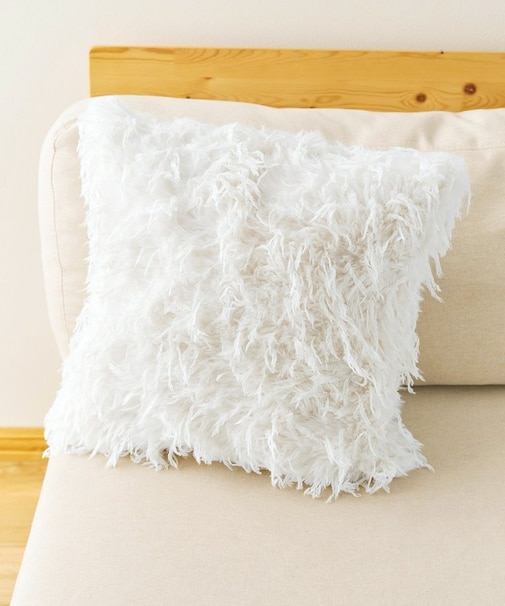 ミックスフェイクファークッションカバー：45×45cm／チェックとモコモコ