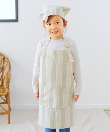 ダブルストライプキッズエプロン＆三角巾セット