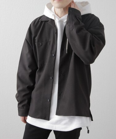 ポリトロ両胸ポケットオープンカラー長袖シャツ