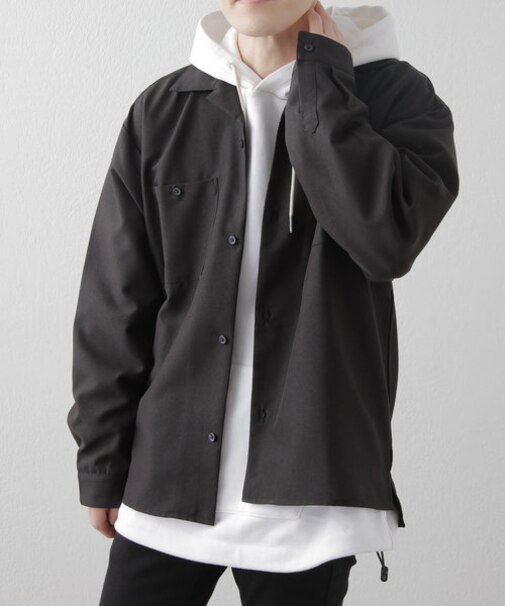 ポリトロ両胸ポケットオープンカラー長袖シャツ