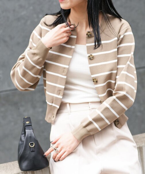 エステルヤーンボーダークロップドカーディガン