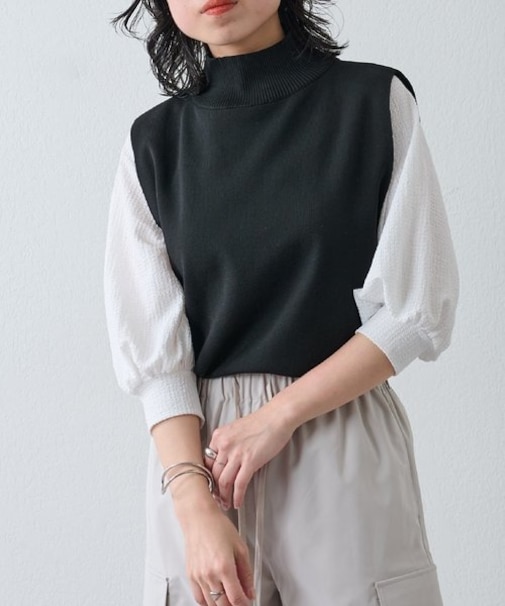 【セットアップ対応】エステルヤーンベルト付ハイネックノースリーブ　