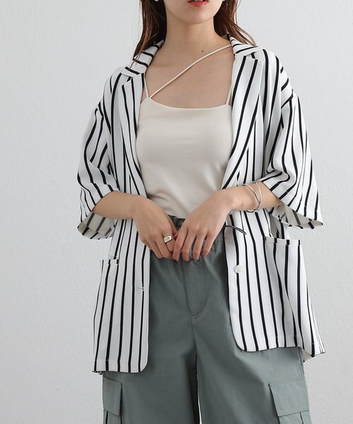 セットアップ対応】ストライプ半袖テーラードジャケットシャツ